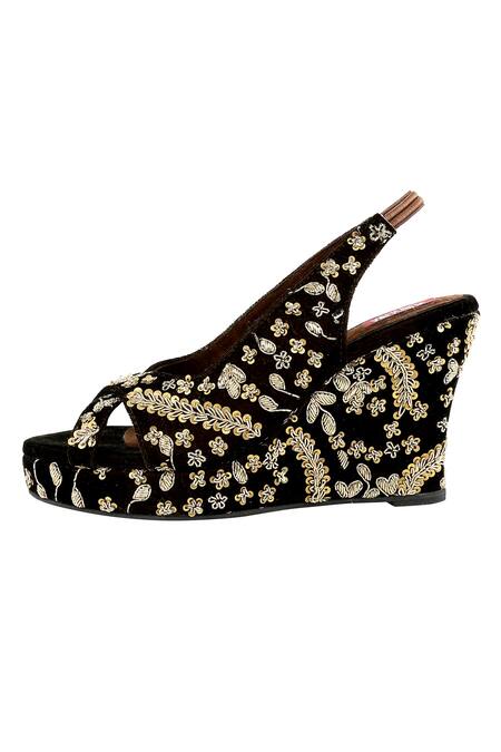 Buy_Veruschka By Payal Kothari_Brown Embellished Velvet Criss-cross Wedges_Online_at_Aza_Fashions