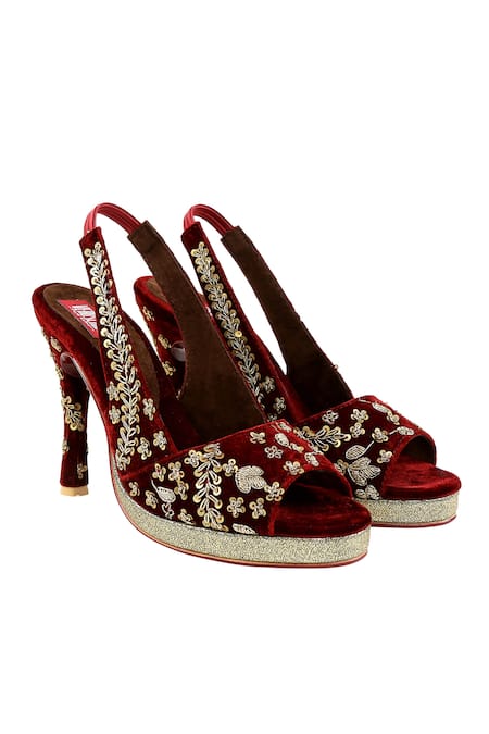 Buy Maroon Embellished Velvet Peep toe Heels by Veruschka by Payal