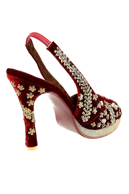 Veruschka By Payal Kothari_Maroon Embroidery Velvet Embellished Peep-toe Heels _Online_at_Aza_Fashions
