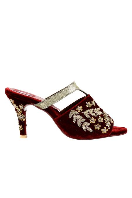 Shop_Veruschka By Payal Kothari_Maroon Beads, Sequins Velvet Embellished Peep-toe Heels_at_Aza_Fashions