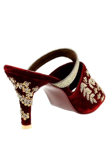 Veruschka By Payal Kothari_Maroon Beads, Sequins Velvet Embellished Peep-toe Heels_Online_at_Aza_Fashions
