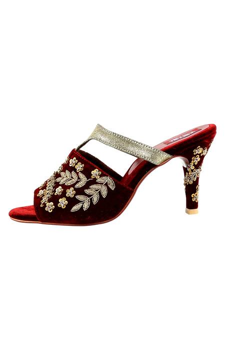 Buy_Veruschka By Payal Kothari_Maroon Beads, Sequins Velvet Embellished Peep-toe Heels_Online_at_Aza_Fashions