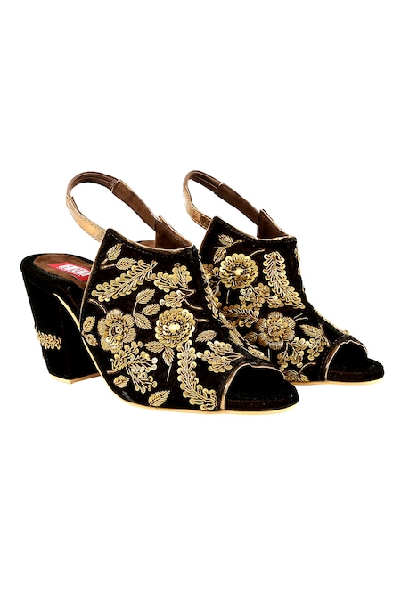 Veruschka by Payal Kothari Brown Embroidered Zardozi Peep-toe Heels