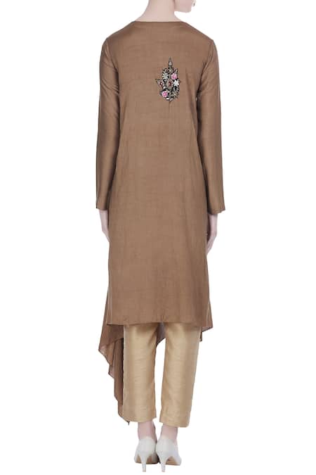 Shop Joy Mitra Brown Silk Blend Embroidered Floral Applique Work Tunic With Asymmetric Hemline at Aza Fashions Shop_Joy Mitra_Brown Silk Blend Embroidered Floral Applique Work Tunic With Asymmetric Hemline _at_Aza_Fashions