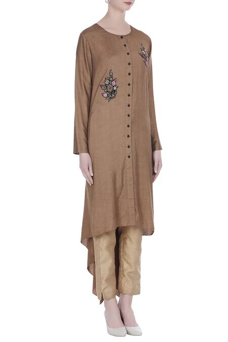 Joy Mitra Brown Silk Blend Embroidered Floral Applique Work Tunic With Asymmetric Hemline Online at Aza Fashions Joy Mitra_Brown Silk Blend Embroidered Floral Applique Work Tunic With Asymmetric Hemline _Online_at_Aza_Fashions