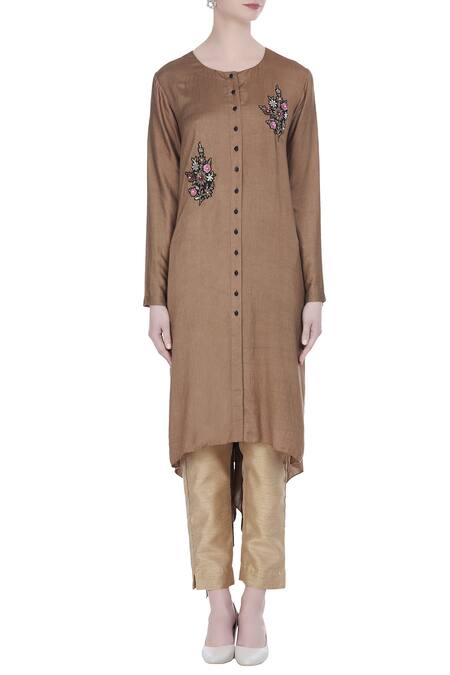 Shop Joy Mitra Brown Silk Blend Embroidered Floral Applique Work Tunic With Asymmetric Hemline Online at Aza Fashions Shop_Joy Mitra_Brown Silk Blend Embroidered Floral Applique Work Tunic With Asymmetric Hemline _Online_at_Aza_Fashions