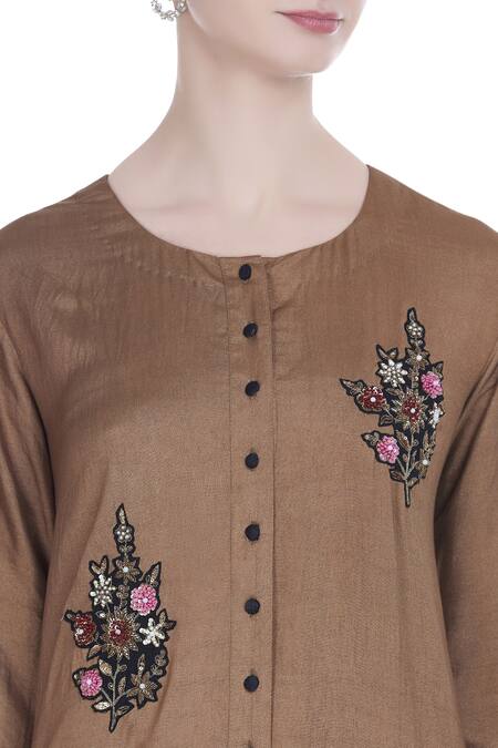 Joy Mitra Brown Silk Blend Embroidered Floral Applique Work Tunic With Asymmetric Hemline at Aza Fashions Joy Mitra_Brown Silk Blend Embroidered Floral Applique Work Tunic With Asymmetric Hemline _at_Aza_Fashions