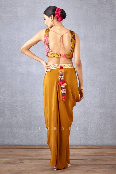 Shop_Torani_Yellow Velvet And Crepe Digital Aftaabi Adilah Cape & Dhoti Pant Set 
