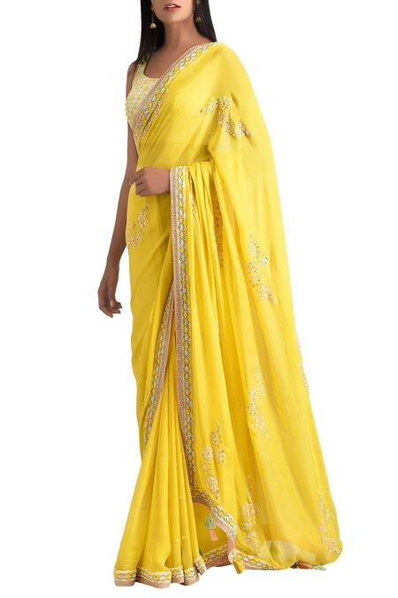 MADZIN Yellow U Neck Embroidered Saree With Blouse For Women