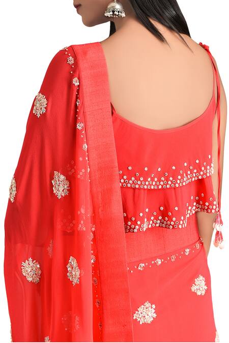Shop Madzin Red U Neck Embroidered Saree With Blouse at Aza Fashions Shop_Madzin_Red U Neck Embroidered Saree With Blouse_at_Aza_Fashions