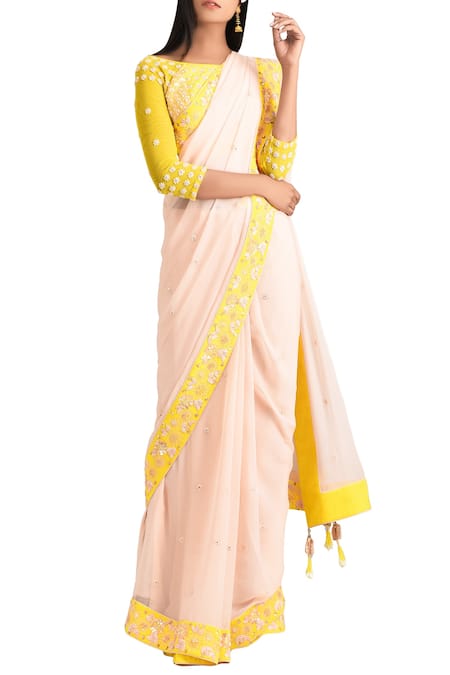MADZIN Yellow Round Embroidered Saree With Blouse For Women