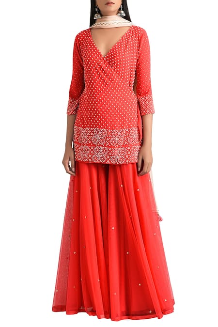 MADZIN Red V Neck Embroidered Kurta Gharara Set 