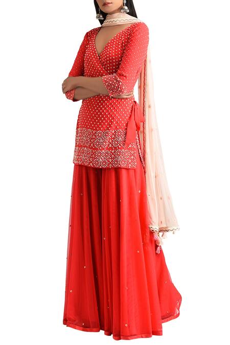 Shop_Madzin_Red V Neck Embroidered Kurta Gharara Set_at_Aza_Fashions