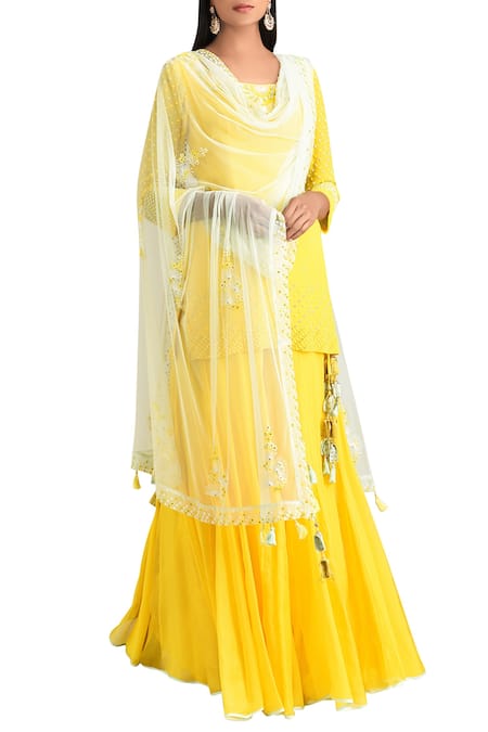 MADZIN Yellow Round Embroidered Kurta Gharara Set For Women