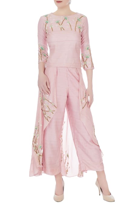 Nautanky Pink Round Thai Silk Pant Set For Women