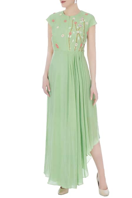 Nautanky Green Round Pleated Asymmetric Dress For Women
