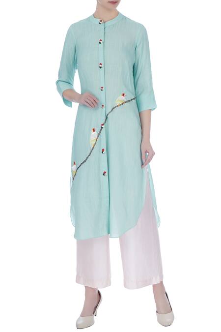 Buy Desert Shine By Sulochana Jangir Blue Round Linen Silk Kurta at Aza Fashions Buy_Desert Shine By Sulochana Jangir_Blue Round Linen Silk Kurta_at_Aza_Fashions