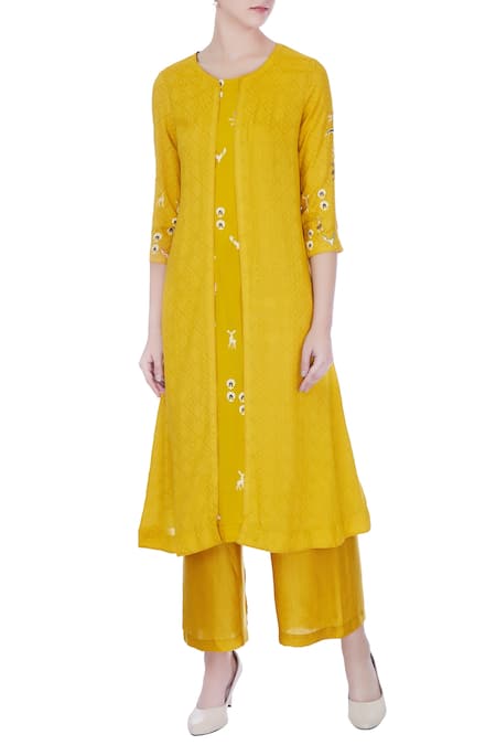 Desert Shine by Sulochana Jangir Yellow Round Embroidered Jacket With Kurta For Women