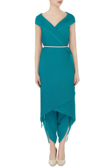 Shop Rina Dhaka Green Crinkle Georgette V Neck Layered Dress Online at Aza Fashions Shop_Rina Dhaka_Green Crinkle Georgette V Neck Layered Dress _Online_at_Aza_Fashions