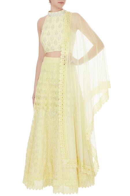 Buy Vandana Sethi Yellow Halter Embroidered Lehenga Set at Aza Fashions Buy_Vandana Sethi_Yellow Halter Embroidered Lehenga Set_at_Aza_Fashions