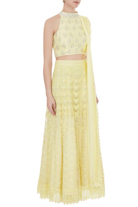 Vandana Sethi Yellow Halter Embroidered Lehenga Set Online at Aza Fashions Vandana Sethi_Yellow Halter Embroidered Lehenga Set_Online_at_Aza_Fashions