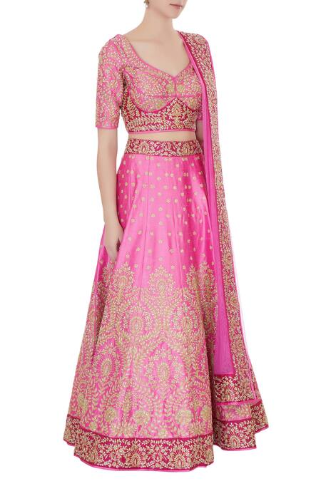 Vandana Sethi_Pink Leaf Neck Embroidered Lehenga Set_Online_at_Aza_Fashions