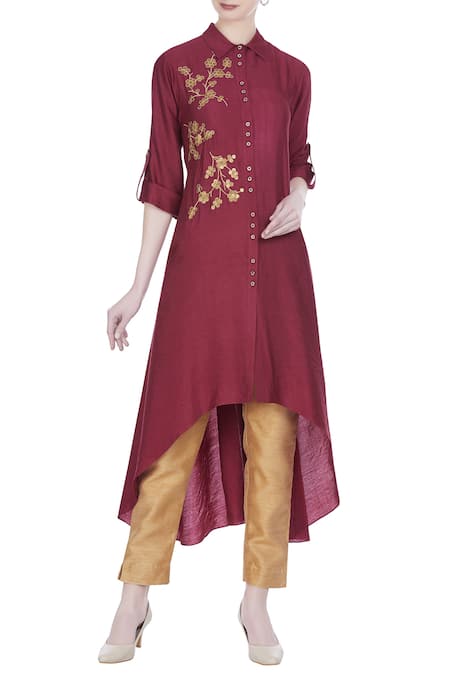 Joy Mitra Red Silk Blend Embroidered Zari Work Collar Sequins Style Tunic
