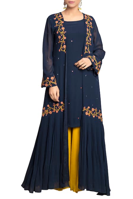 Priyam Narayan Blue Round Embroidered Jacket And Kurta Set For Women