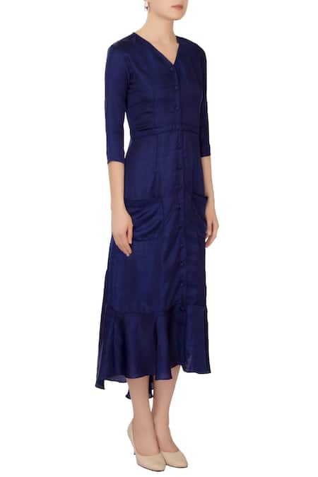 Ankita_Blue V Neck Linen Satin Midi Dress _Online_at_Aza_Fashions