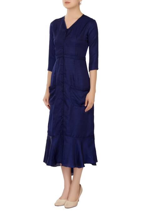 Buy_Ankita_Blue V Neck Linen Satin Midi Dress _Online_at_Aza_Fashions