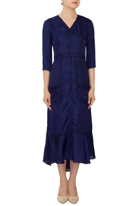 Shop_Ankita_Blue V Neck Linen Satin Midi Dress _Online_at_Aza_Fashions