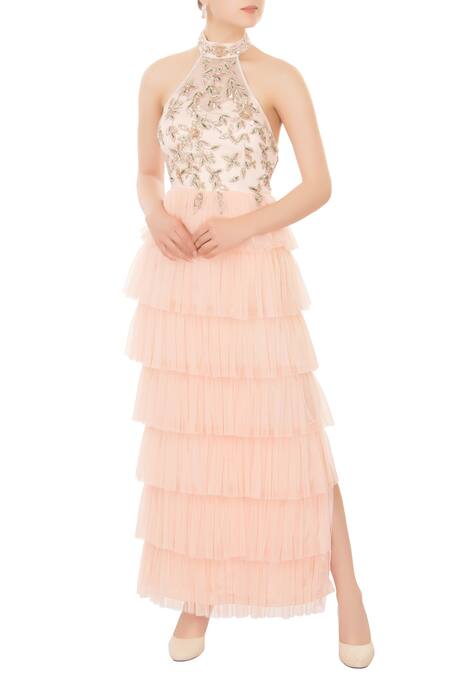 Mani Bhatia Peach Tulle Net Embellished Halter Layered Gown For Women