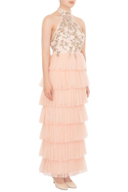 Mani Bhatia_Peach Tulle Net Embellished Halter Layered Gown _Online_at_Aza_Fashions