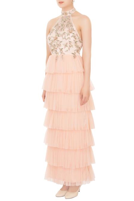 Buy_Mani Bhatia_Peach Tulle Net Embellished Halter Layered Gown _Online_at_Aza_Fashions