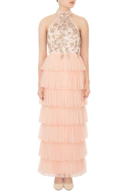 Shop_Mani Bhatia_Peach Tulle Net Embellished Halter Layered Gown _Online_at_Aza_Fashions