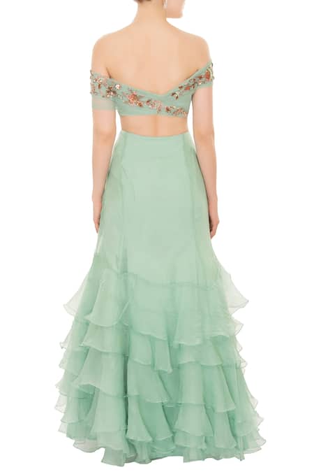 Shop Mani Bhatia Green Na Ruffle Layered Lehenga Set at Aza Fashions Shop_Mani Bhatia_Green Na Ruffle Layered Lehenga Set _at_Aza_Fashions