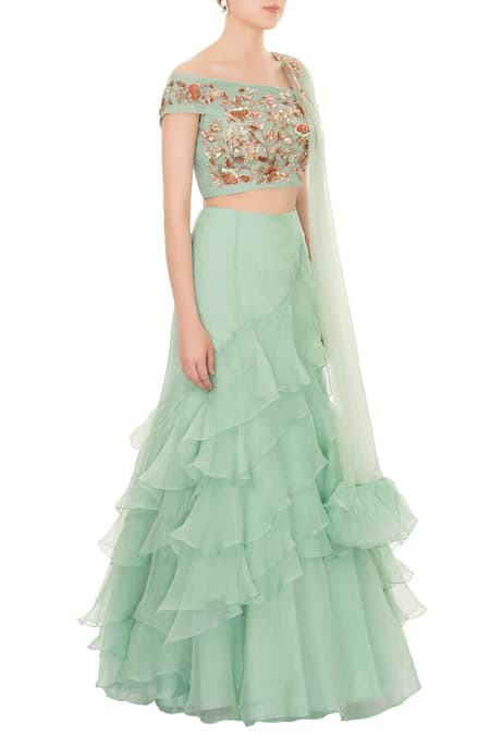 Mani Bhatia Green Na Ruffle Layered Lehenga Set Online at Aza Fashions Mani Bhatia_Green Na Ruffle Layered Lehenga Set _Online_at_Aza_Fashions