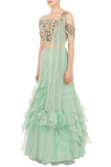 Buy Mani Bhatia Green Na Ruffle Layered Lehenga Set Online at Aza Fashions Buy_Mani Bhatia_Green Na Ruffle Layered Lehenga Set _Online_at_Aza_Fashions