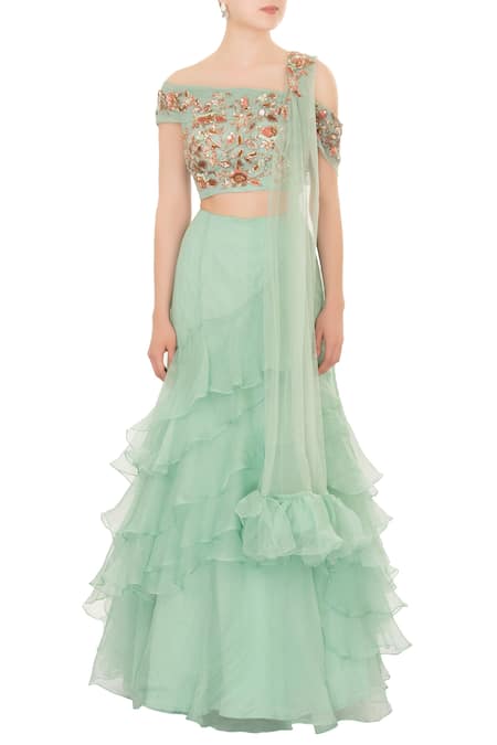 Shop Mani Bhatia Green Na Ruffle Layered Lehenga Set Online at Aza Fashions Shop_Mani Bhatia_Green Na Ruffle Layered Lehenga Set _Online_at_Aza_Fashions