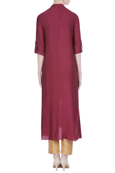 Shop Joy Mitra Red Silk Blend Embroidered Zari Work Collar Sequins Style Tunic at Aza Fashions Shop_Joy Mitra_Red Silk Blend Embroidered Zari Work Collar Sequins Style Tunic _at_Aza_Fashions