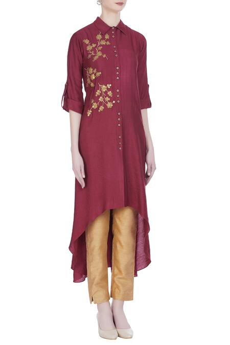 Joy Mitra Red Silk Blend Embroidered Zari Work Collar Sequins Style Tunic Online at Aza Fashions Joy Mitra_Red Silk Blend Embroidered Zari Work Collar Sequins Style Tunic _Online_at_Aza_Fashions