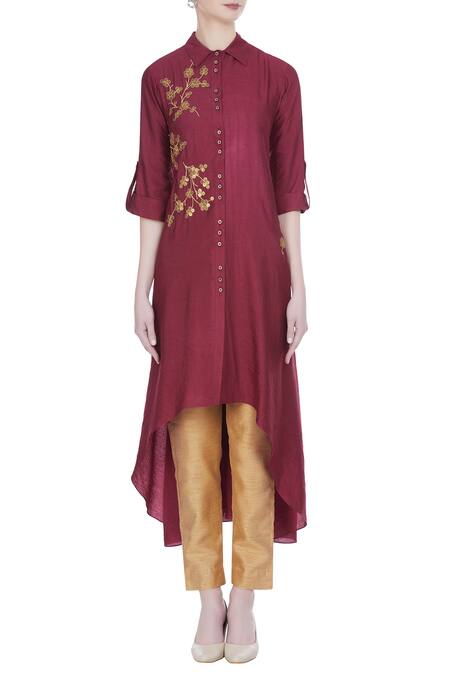 Shop Joy Mitra Red Silk Blend Embroidered Zari Work Collar Sequins Style Tunic Online at Aza Fashions Shop_Joy Mitra_Red Silk Blend Embroidered Zari Work Collar Sequins Style Tunic _Online_at_Aza_Fashions
