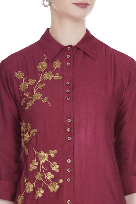 Joy Mitra Red Silk Blend Embroidered Zari Work Collar Sequins Style Tunic at Aza Fashions Joy Mitra_Red Silk Blend Embroidered Zari Work Collar Sequins Style Tunic _at_Aza_Fashions