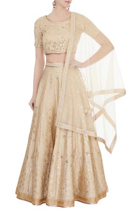 Vandana Sethi Beige Round Embroidered Lehenga Set 