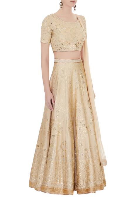 Vandana Sethi_Beige Round Embroidered Lehenga Set_Online_at_Aza_Fashions