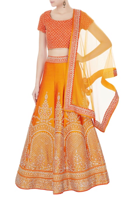 Vandana Sethi Orange Leaf Neck Embroidered Lehenga Set For Women