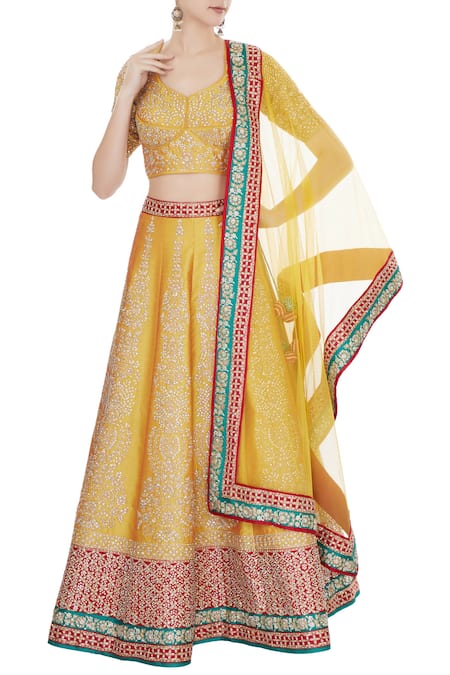 Vandana Sethi Yellow Leaf Neck Embroidered Lehenga Set 