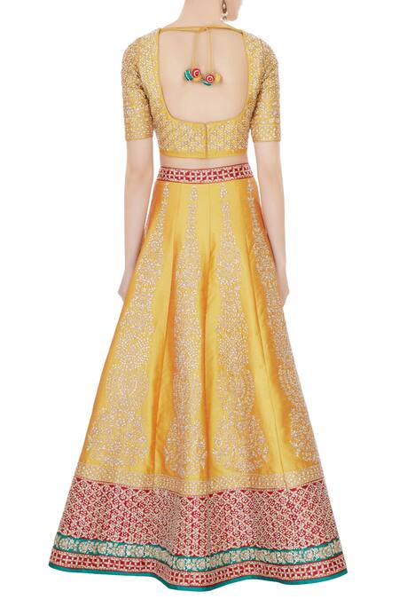 Shop Vandana Sethi Yellow Leaf Neck Embroidered Lehenga Set at Aza Fashions Shop_Vandana Sethi_Yellow Leaf Neck Embroidered Lehenga Set_at_Aza_Fashions