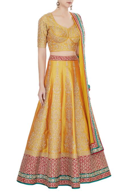 Vandana Sethi Yellow Leaf Neck Embroidered Lehenga Set Online at Aza Fashions Vandana Sethi_Yellow Leaf Neck Embroidered Lehenga Set_Online_at_Aza_Fashions