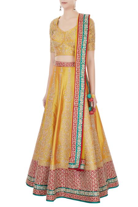 Buy Vandana Sethi Yellow Leaf Neck Embroidered Lehenga Set Online at Aza Fashions Buy_Vandana Sethi_Yellow Leaf Neck Embroidered Lehenga Set_Online_at_Aza_Fashions